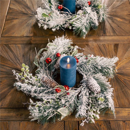 Flocked Pine/Bell Candle Ring 18"D PVC (Fits a 6" Candle) -Ship Only