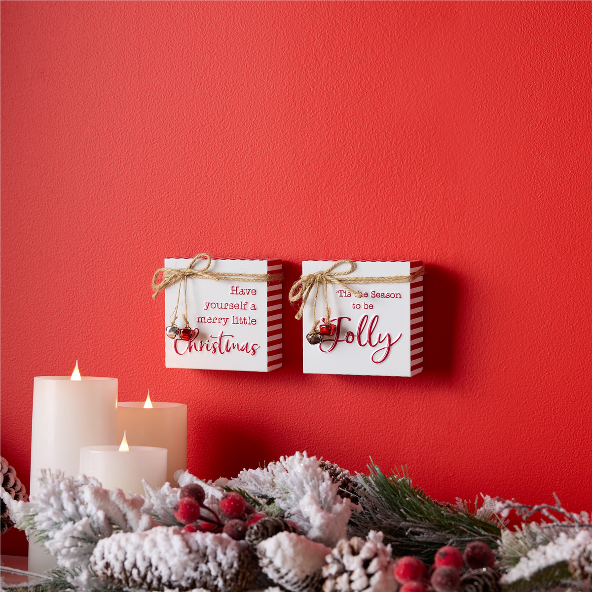 Merry Christmas and Jolly Sign (Set of 2) 4”SQ Metal -Ship Only