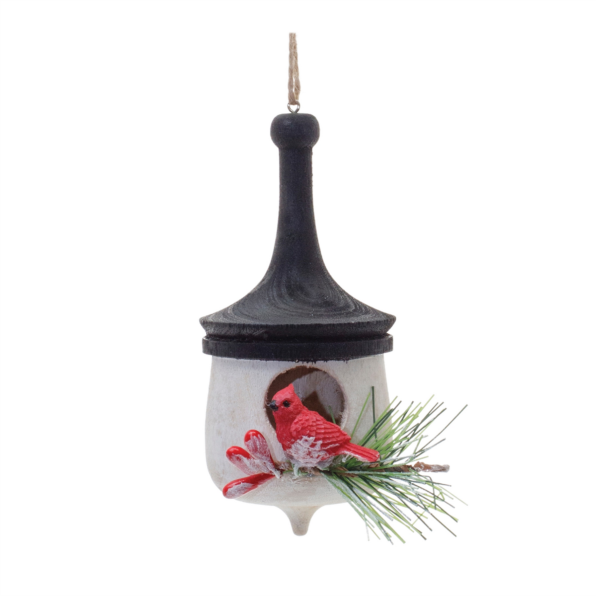 Wood Finial Birdhouse with Cardinal Ornament (Set of 6) -Ship Only