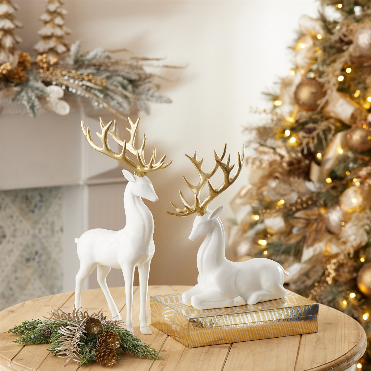 Modern Holiday Deer with Gold Antler Accent (Set of 2) -Ship Only