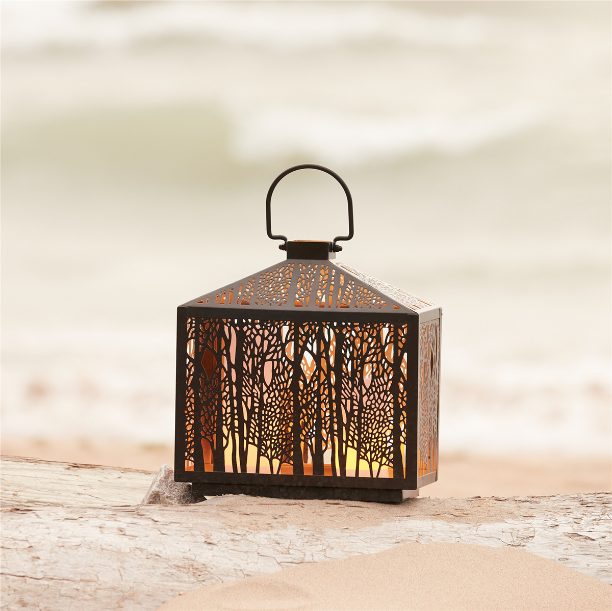 Forest Cut Metal Lantern with Gold Accent 12"H -Ship Only