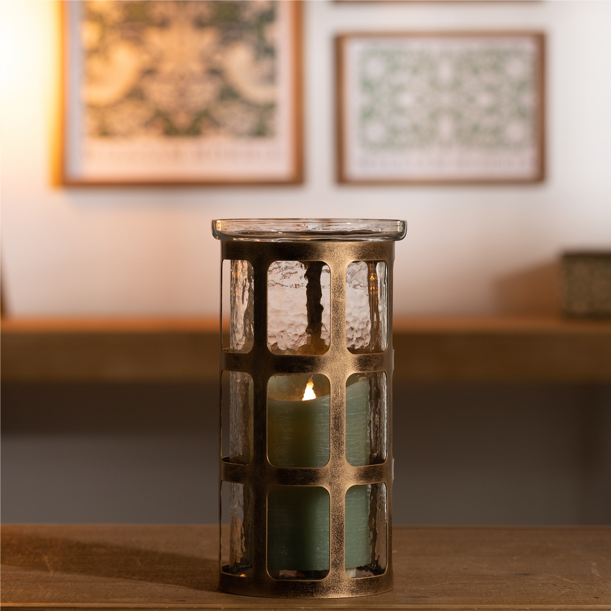 Wavy Glass Candle Holder with Distressed Metal Frame 10"H -Ship Only