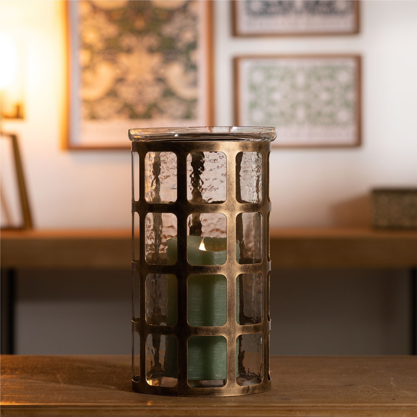 Wavy Glass Candle Holder with Distressed Metal Frame 12.25"H -Ship Only