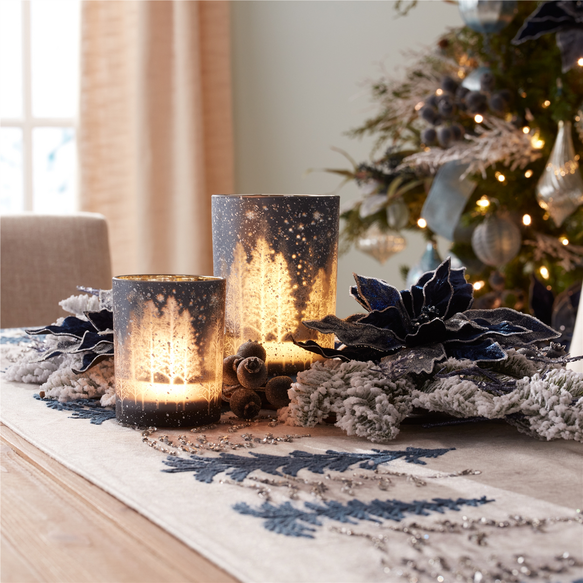 Navy Pine Tree Glass Candle Holder (Set of 2) -Ship Only