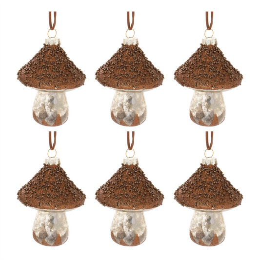 Mushroom Ornament (Set of 6) 4”H Glass -Ship Only