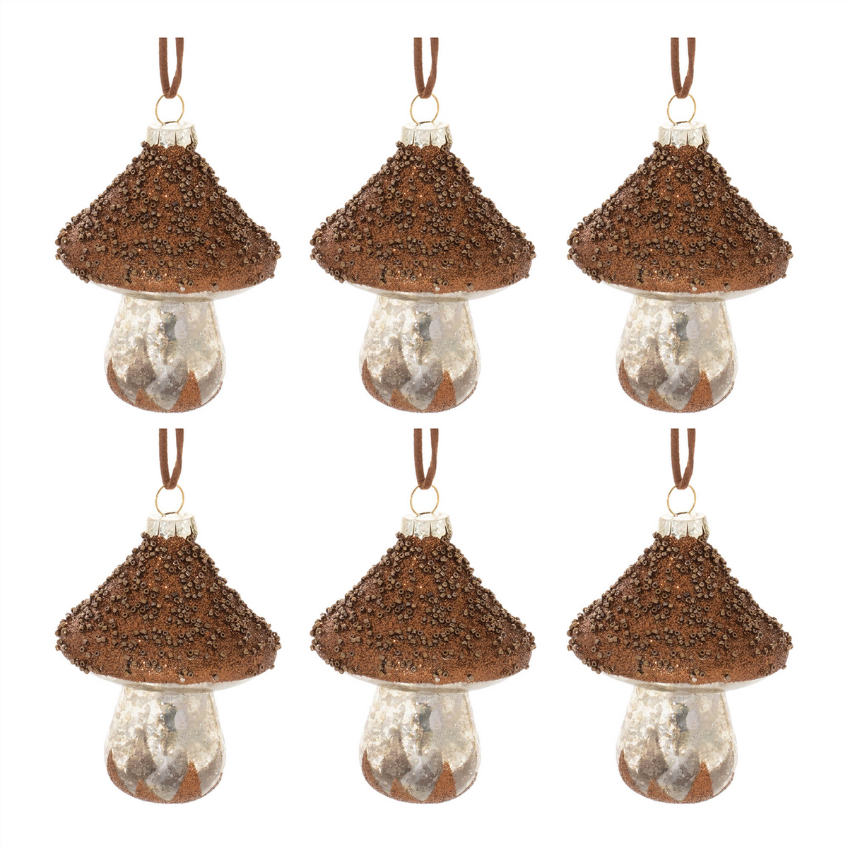Mushroom Ornament (Set of 6) 4”H Glass -Ship Only