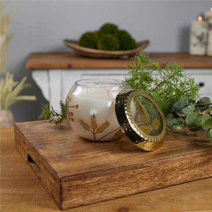 Frosted Juniper Scented Soy Candle with Pressed Leaf Lid 5"D