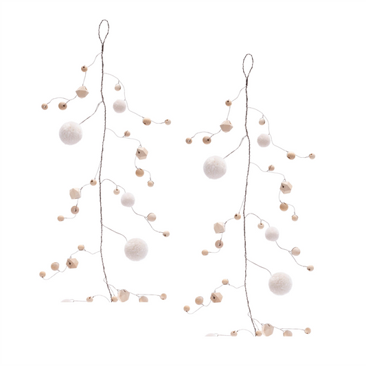 Wood Bead and Puff Ball Garland (Set of 2) -Ship Only