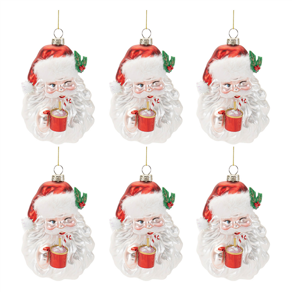 Santa w/Cocoa Ornament (Set of 6) 5”H Glass -Ship Only