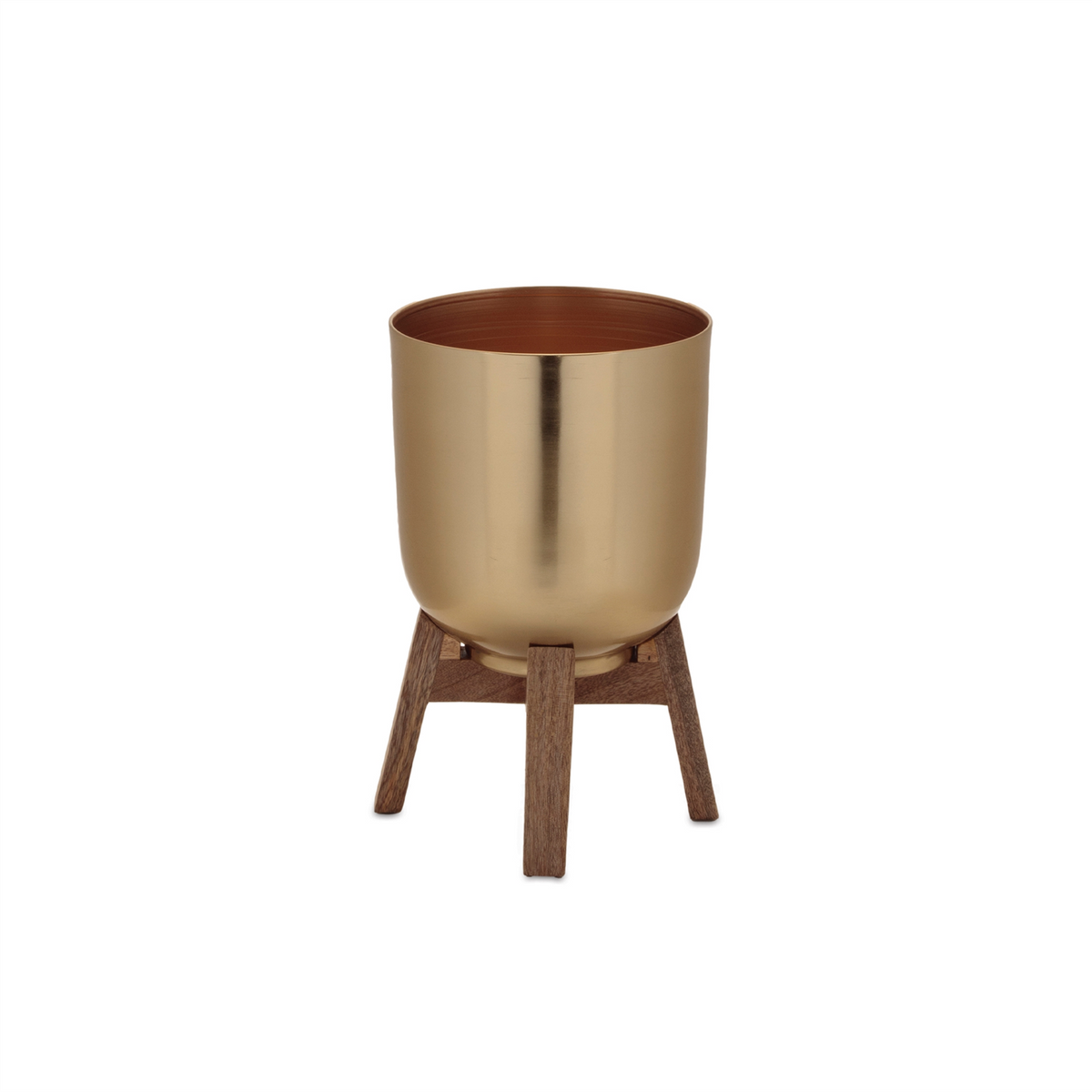 Round Metal Planter with Wooden Stand (Set of 2) -Ship Only
