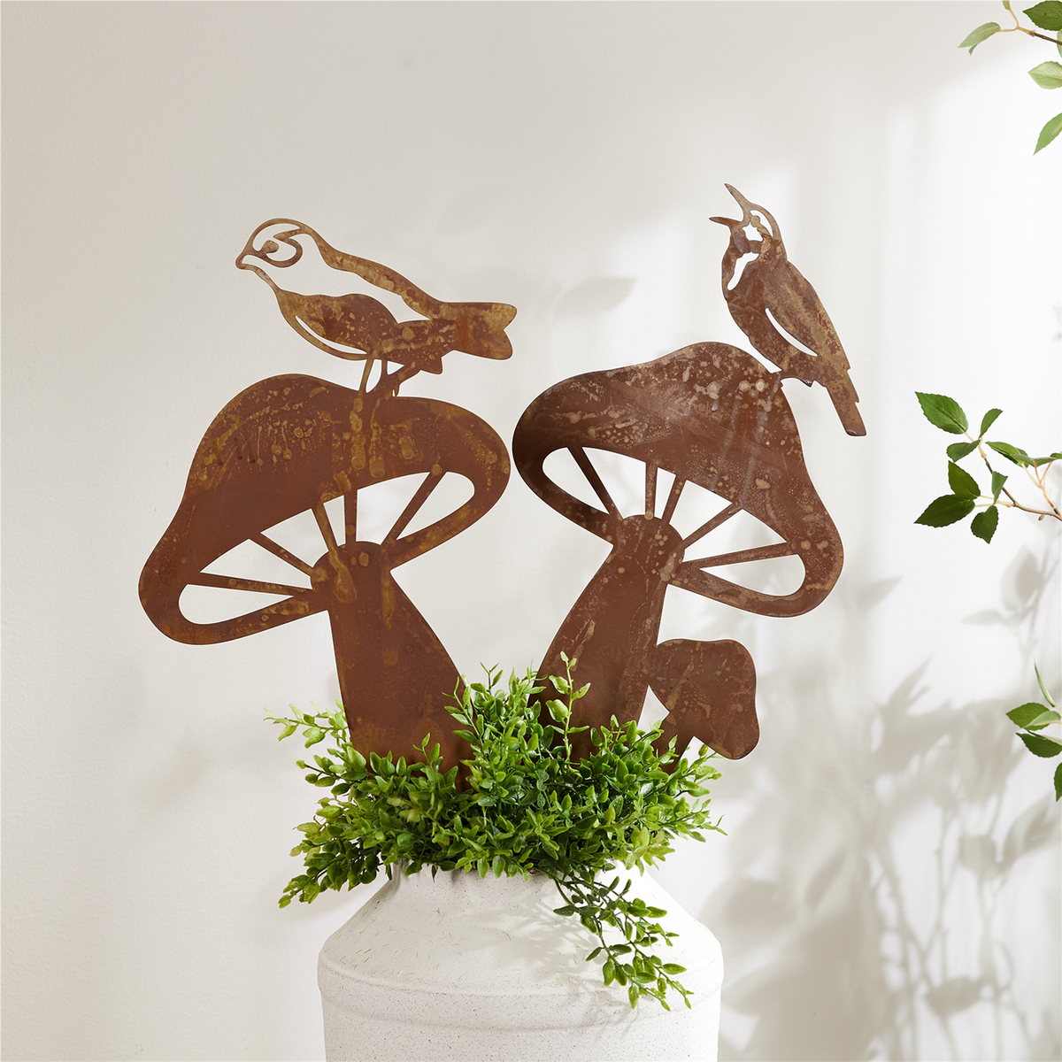 Bird & Mushroom Stake (Set of 2) 19"H, 19.5"H Iron -Ship Only