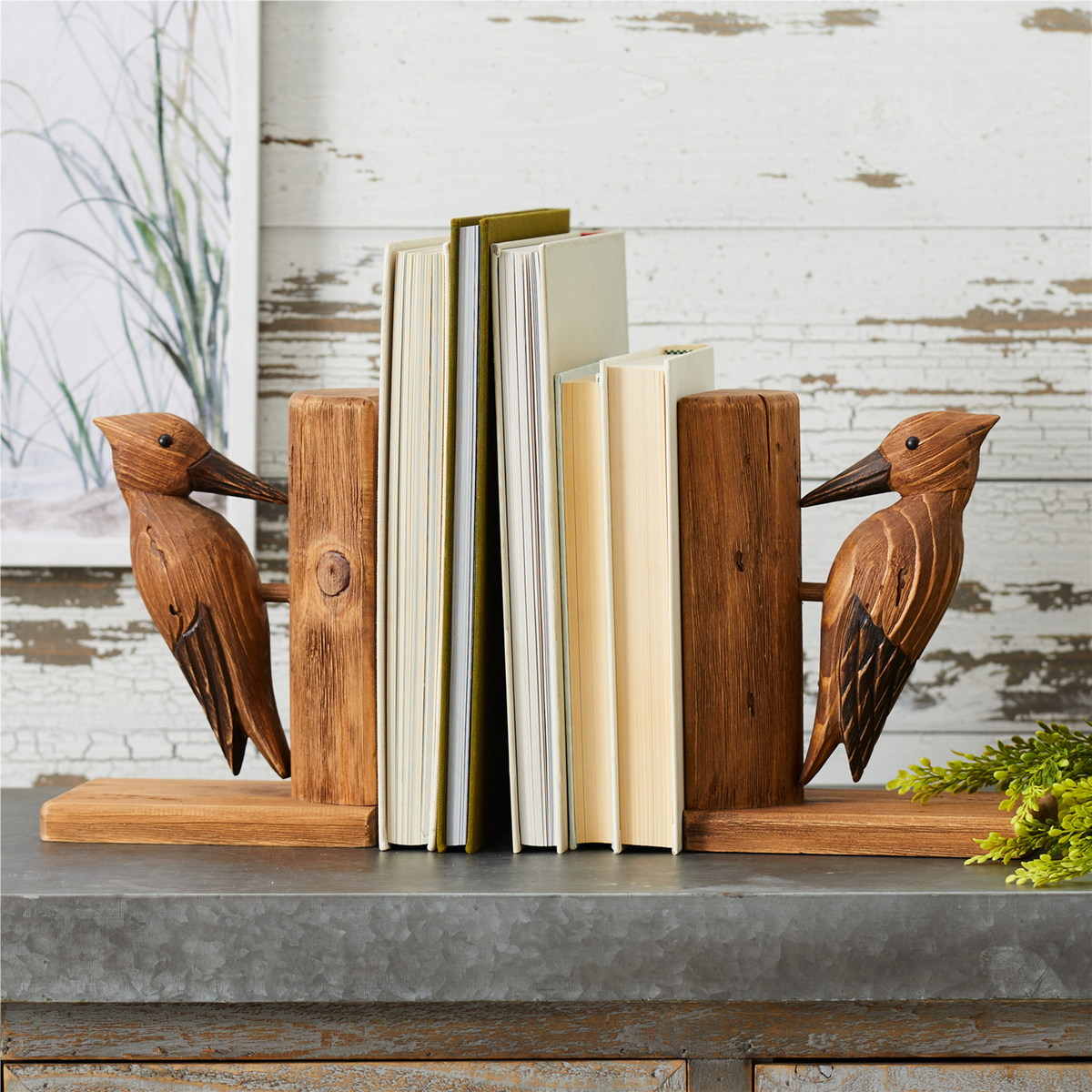 Pine Wood Woodpecker Bird Bookend (Set of 2) -Ship Only