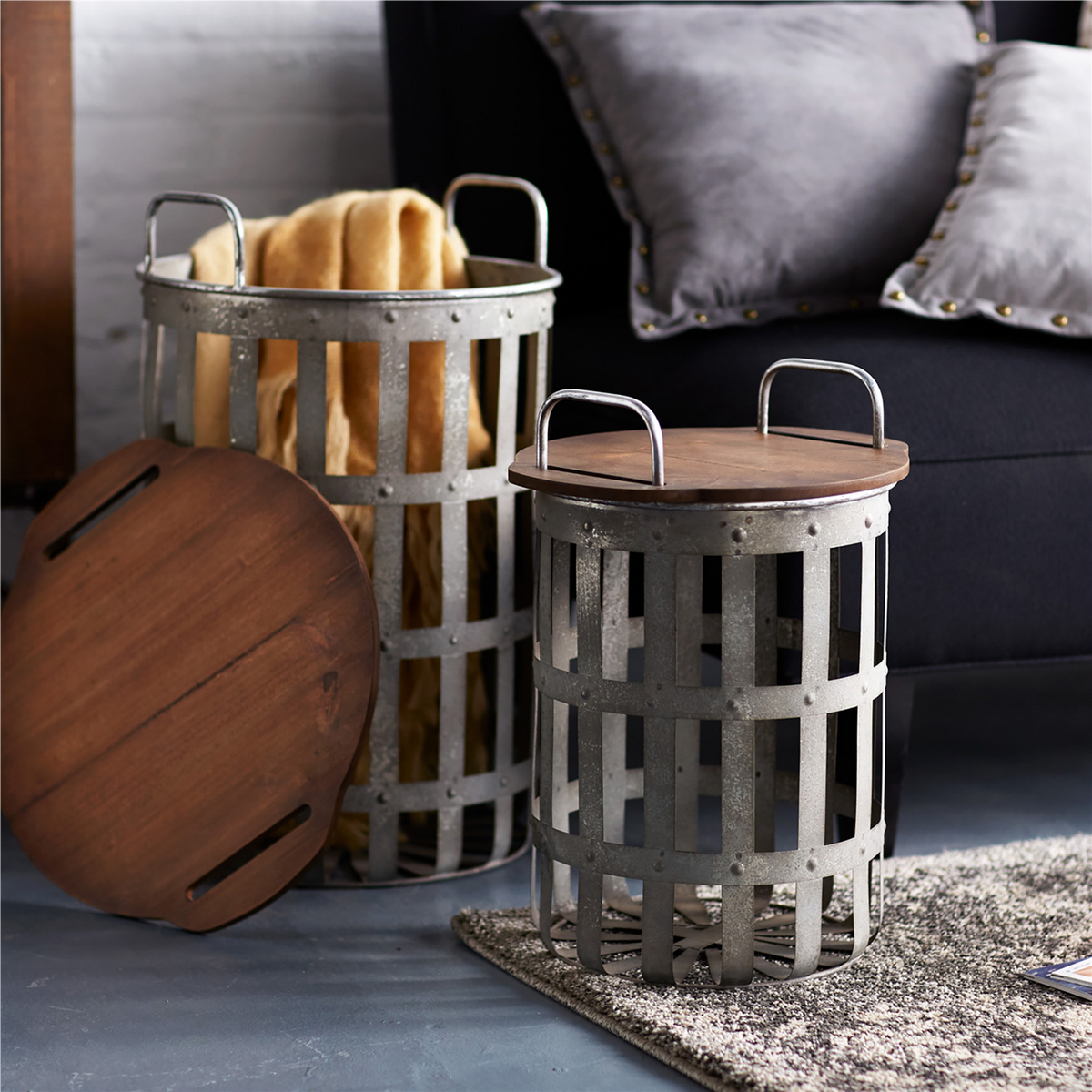 Metal and Wood Side Basket Tables (Set of 2) -Ship Only