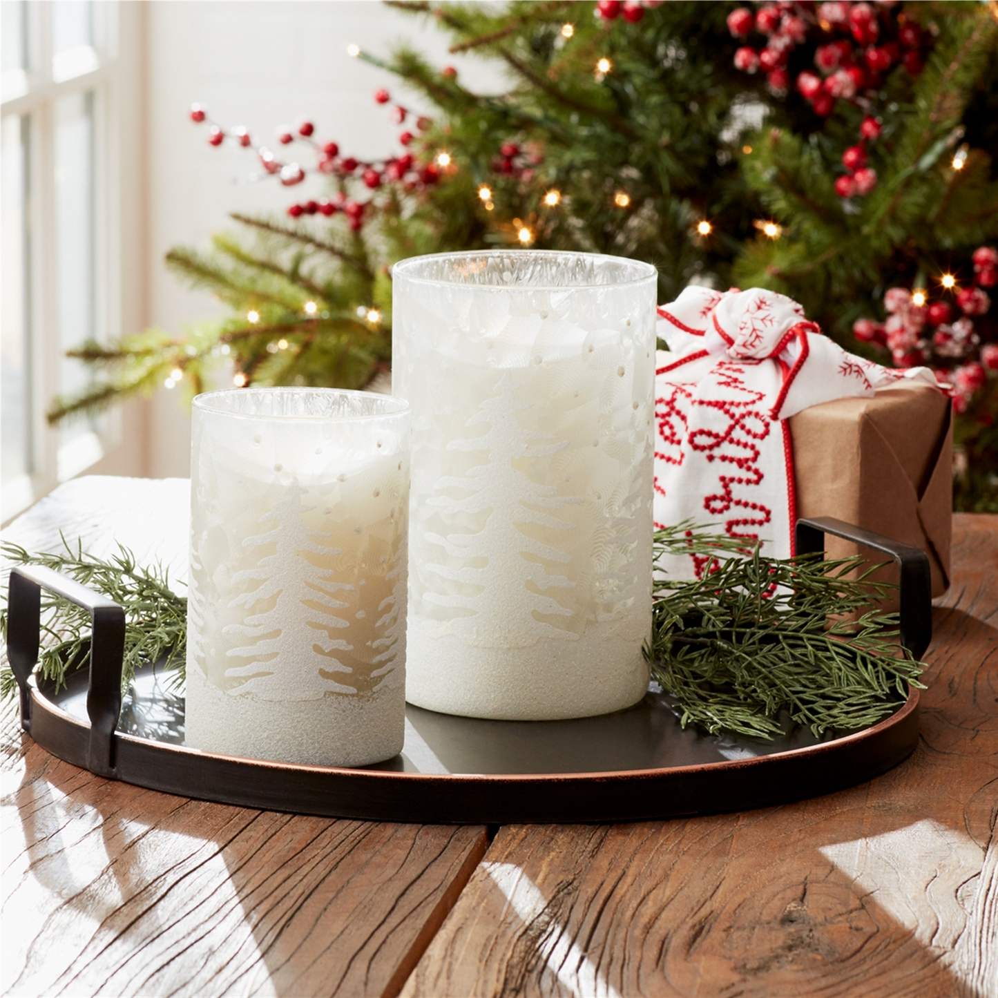 Frosted Votive Candle Holder with Snowy Forest (Set of 4) -Ship Only