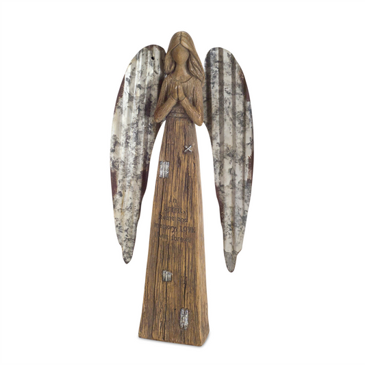 Rustic Wood Sentiment Angel with Galvanized Metal Wings (Set of 2) -Ship Only