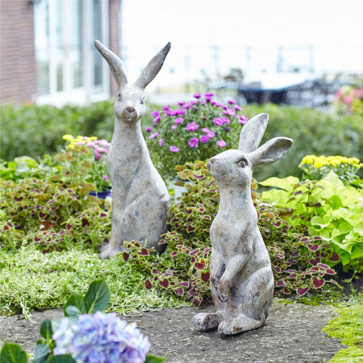 Weathered Stone Standing Garden Rabbit Figurine (Set of 2) -Ship Only