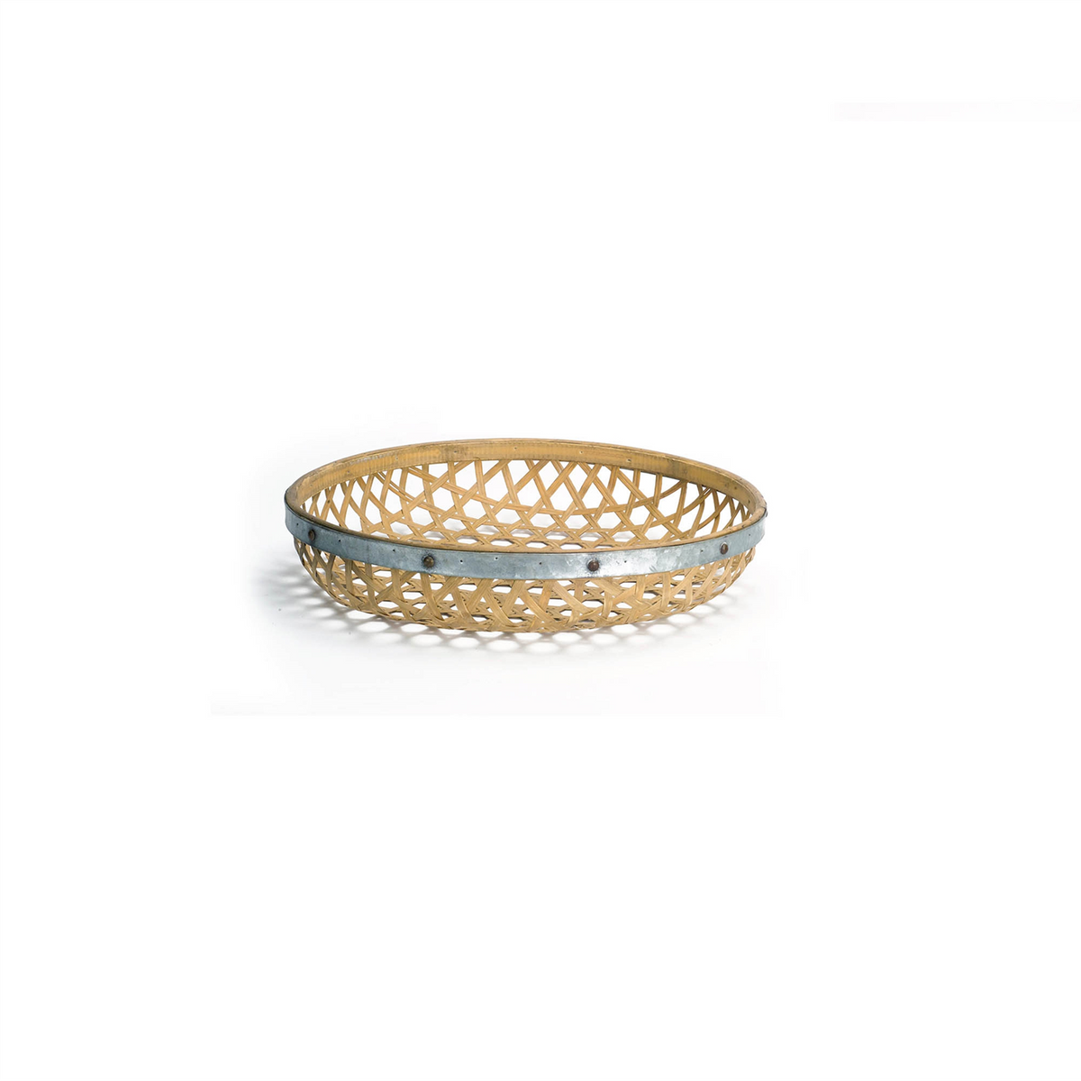 Round Woven Bamboo Tray with Galvanized Metal Accent (Set of 3) -Ship Only