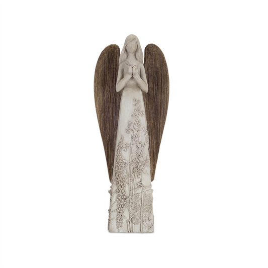 Floral Sculpted Angel with Wood Style Wings (Set of 2) -Ship Only