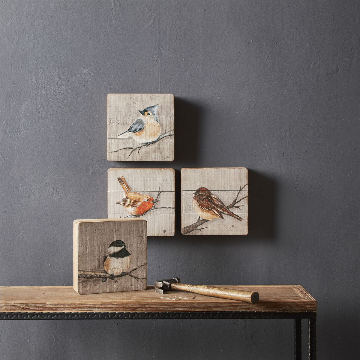 Rustic Wood Bird Plaque (Set of 4) -Ship Only