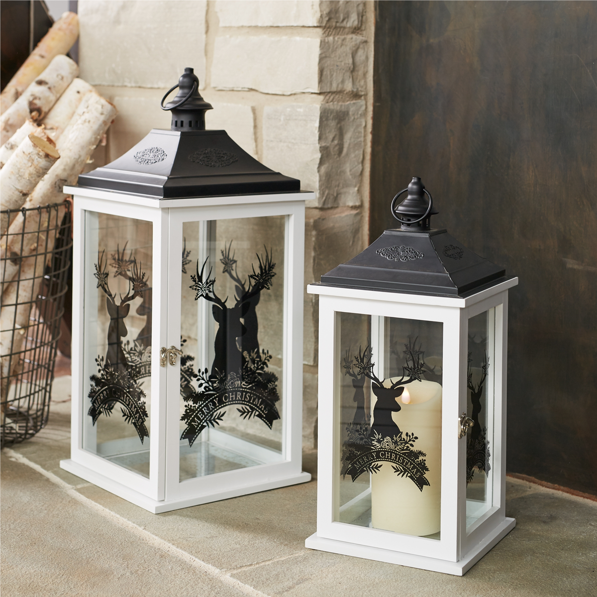 Wood Merry Christmas Lantern with Deer Design (Set of 2) -Ship Only