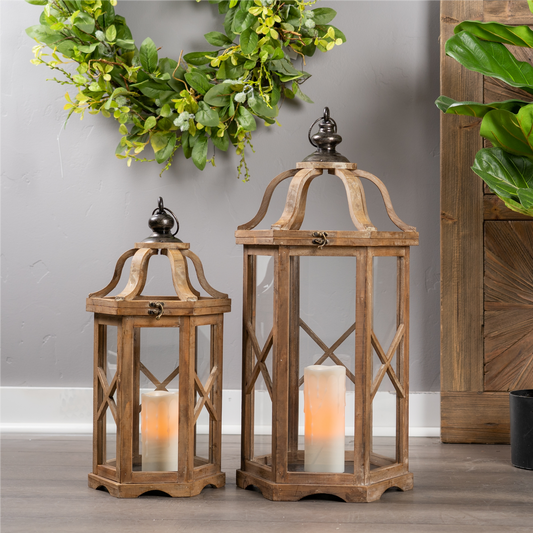 Natural Wood Hexagon Lantern with Curved Top (Set of 2) -Ship Only