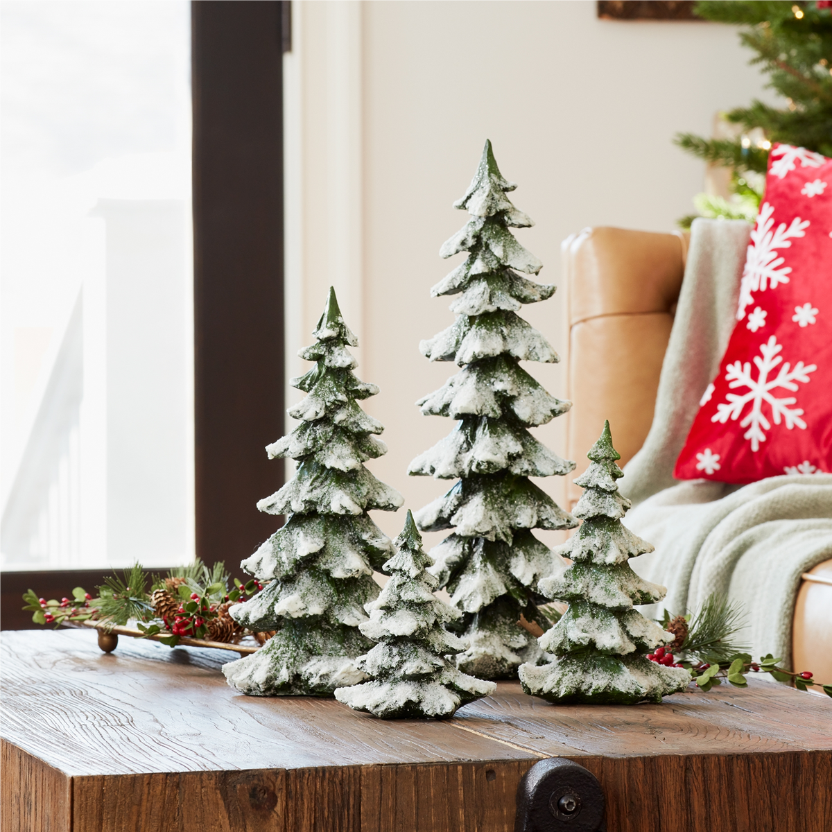 Green Flocked Pine Tree Decor (Set of 4) -Ship Only
