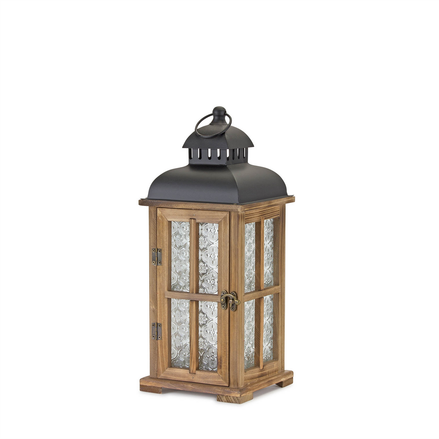 Natural Wood Lantern with Ornate Frosted Glass (Set of 2) -Ship Only