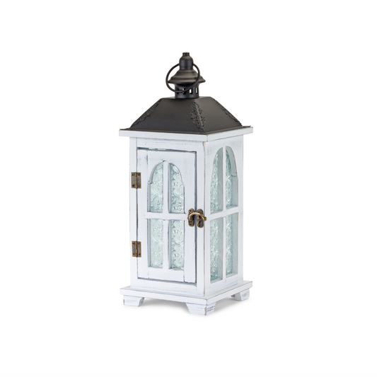 White Wood Lantern with Ornate Frosted Glass (Set of 2) -Ship Only