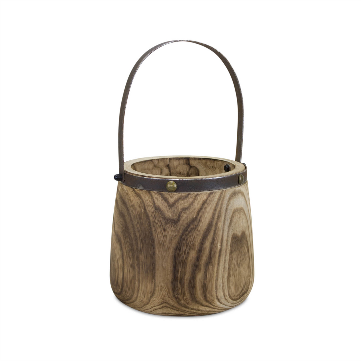 Natural Wooden Pail Planter with Metal Handle Accent (Set of 2) -Ship Only
