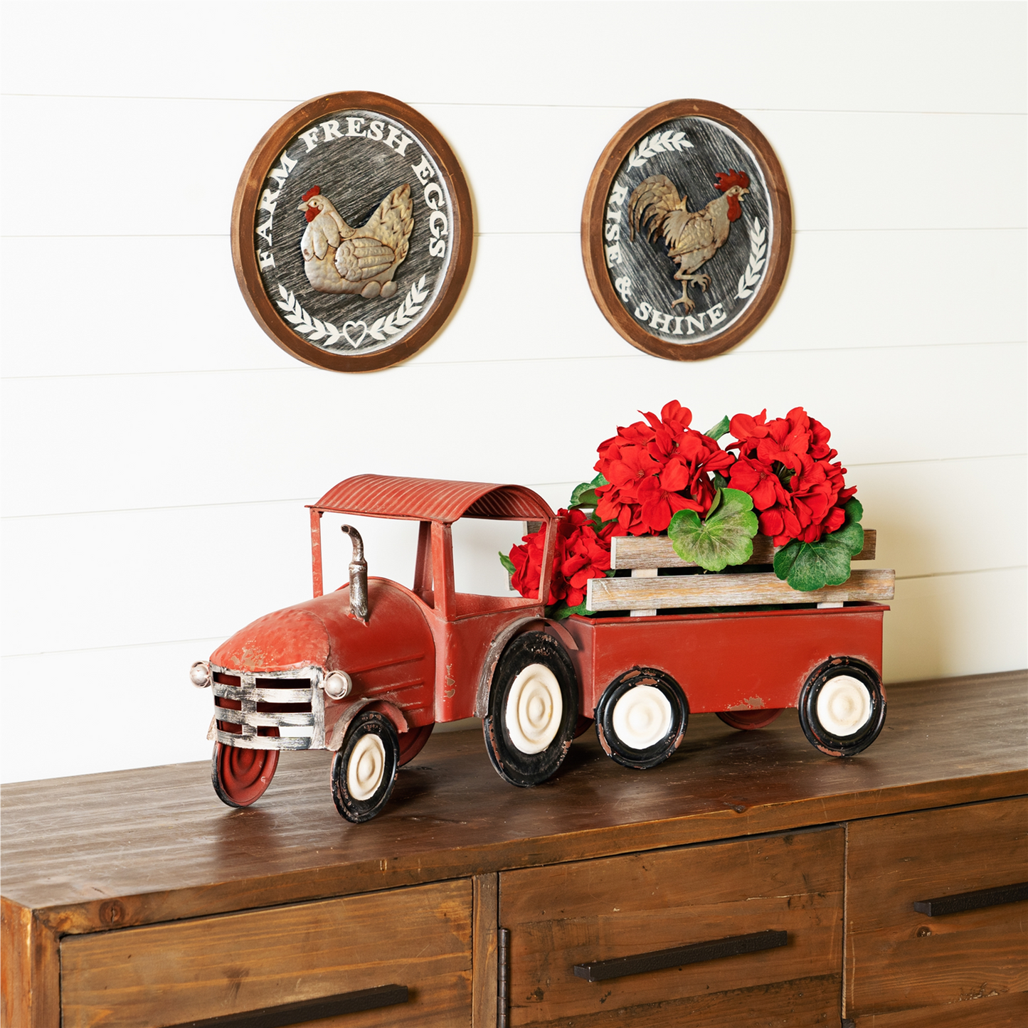 Iron Metal Tractor with Wagon Decor with Wood Accents 27.5"L -Ship Only