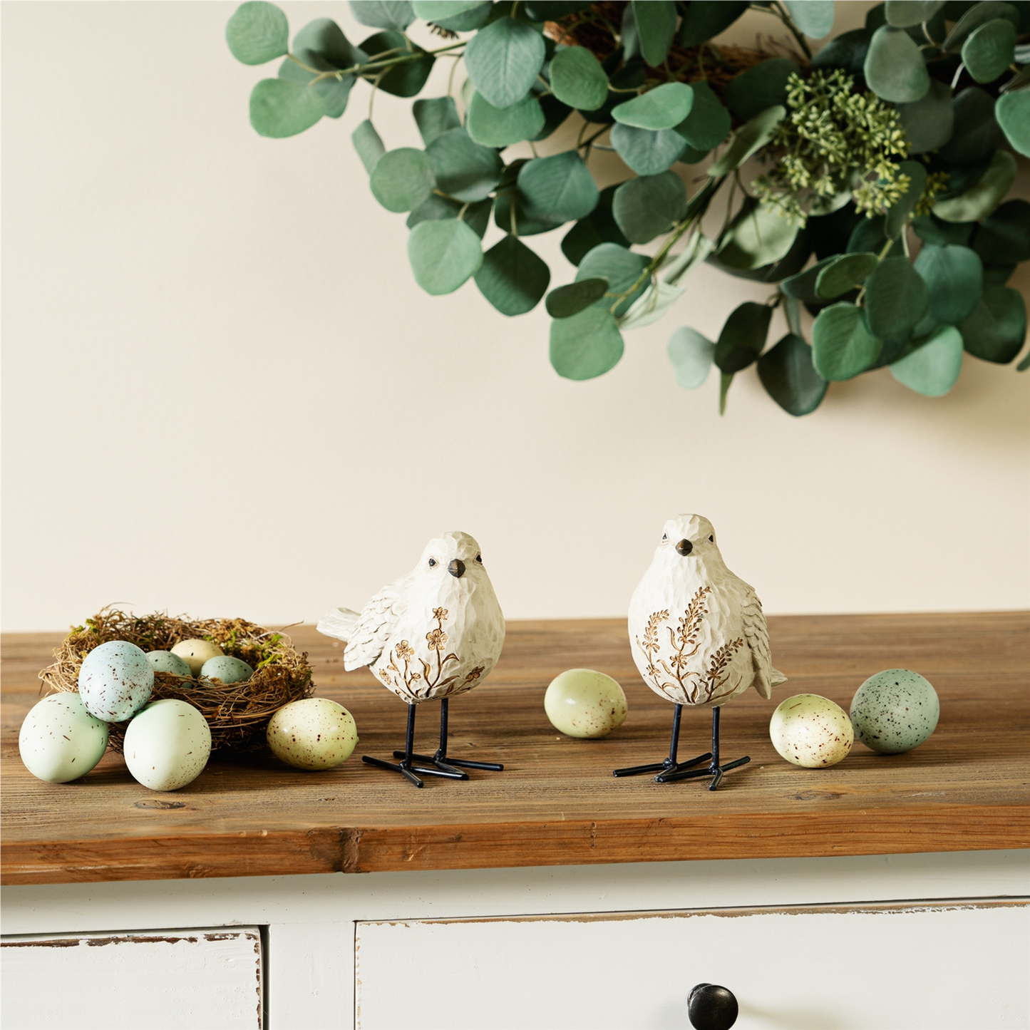 Bird Figurine with Carved Floral Design (Set of 2) -Ship Only