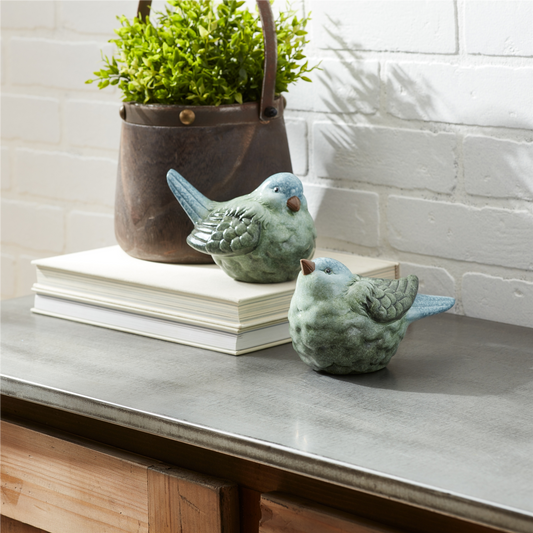 Blue and Green Terra Cotta Bird Figurine (Set of 2) -Ship Only