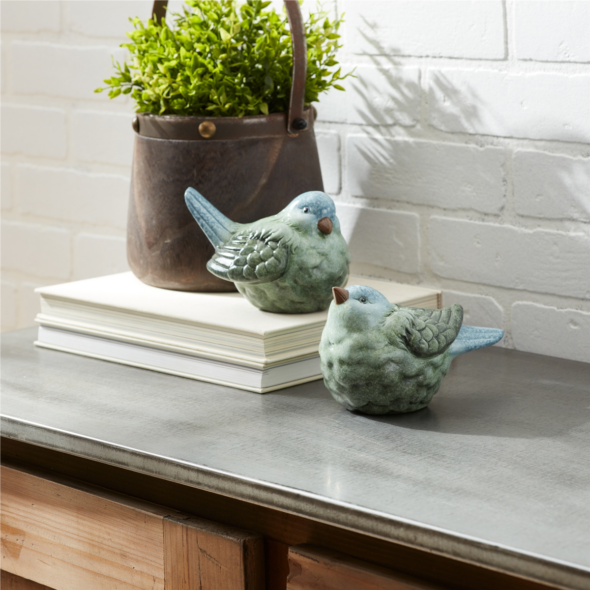 Blue and Green Terra Cotta Bird Figurine (Set of 2) -Ship Only