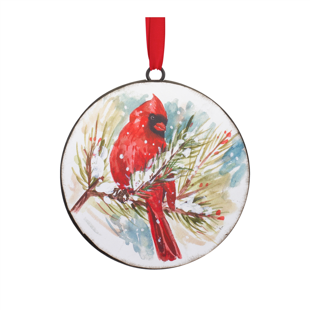 Winter Cardinal and Pine Branch Disc Ornament (Set of 12) -Ship Only