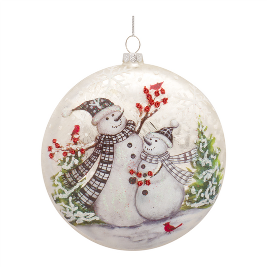 Whimsical Snowman Disc Ornament with Snowy Cardinal Scene (Set of 6) -Ship Only