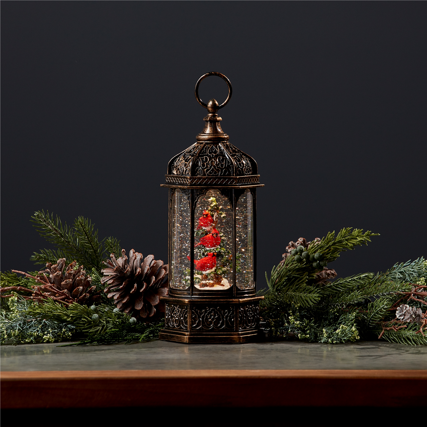 LED Snow Globe Lantern with Cardinal Bird Branch 13"H -Ship Only