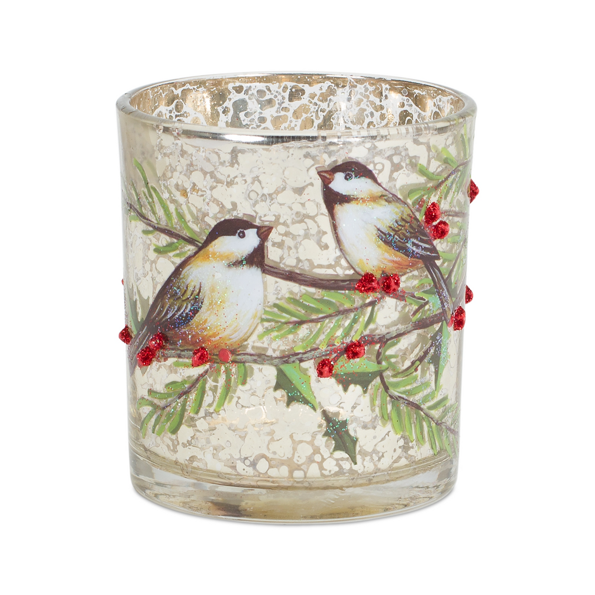 Mercury Glass Votive Candle Holder with Bird and Berry Branch (Set of 6) -Ship Only