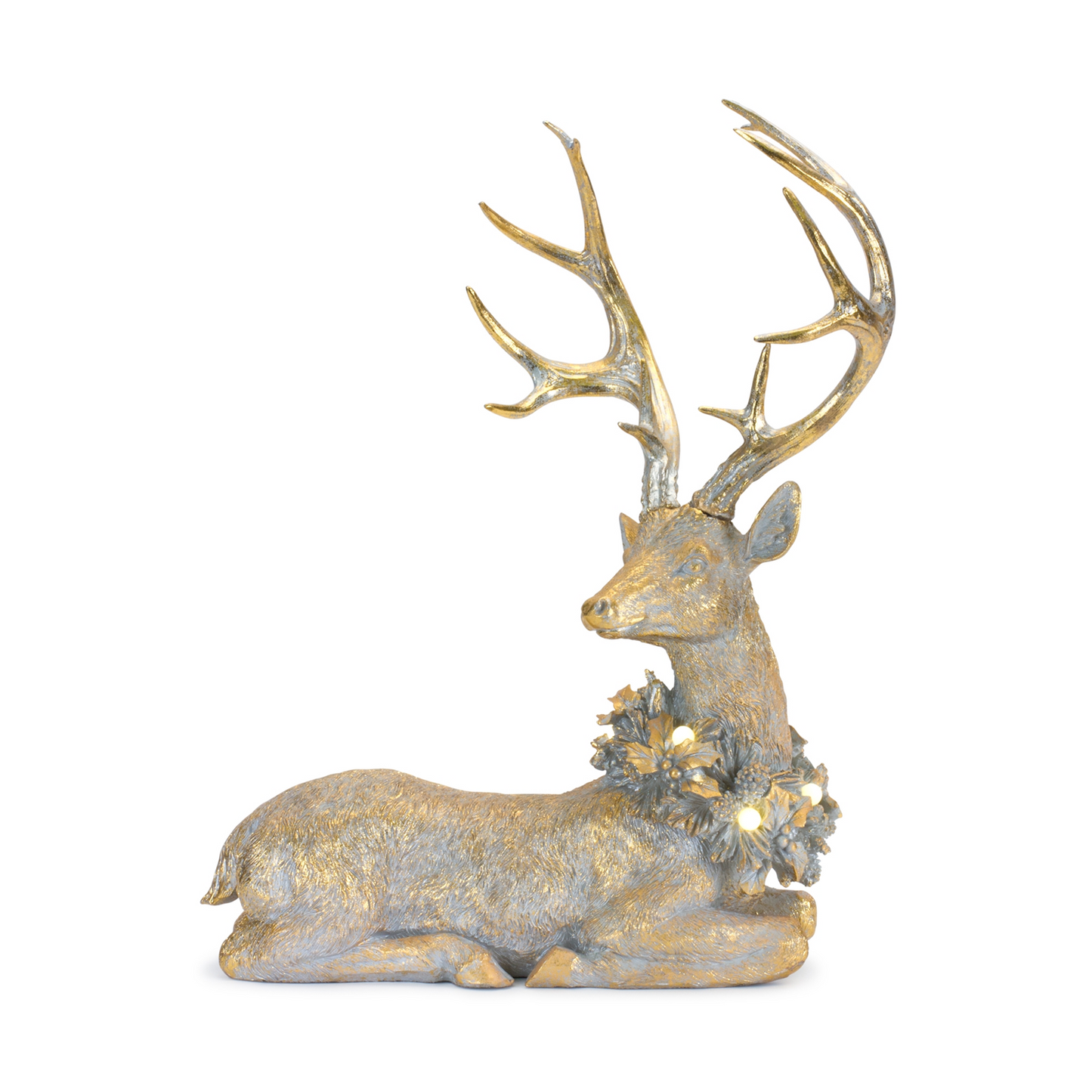 Holiday Deer Figurine with Lighted Wreath and Gold Finish (Set of 2) -Ship Only