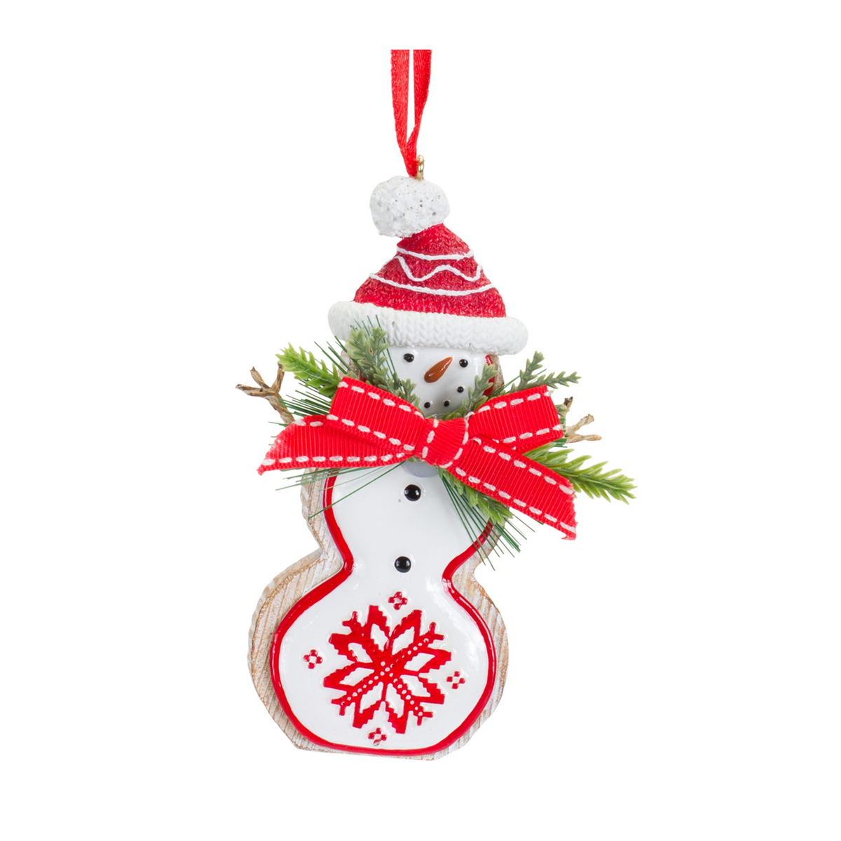 Nordic Snowflake Character Tree Ornament with Pine Bow Accent (Set of 6) -Ship Only