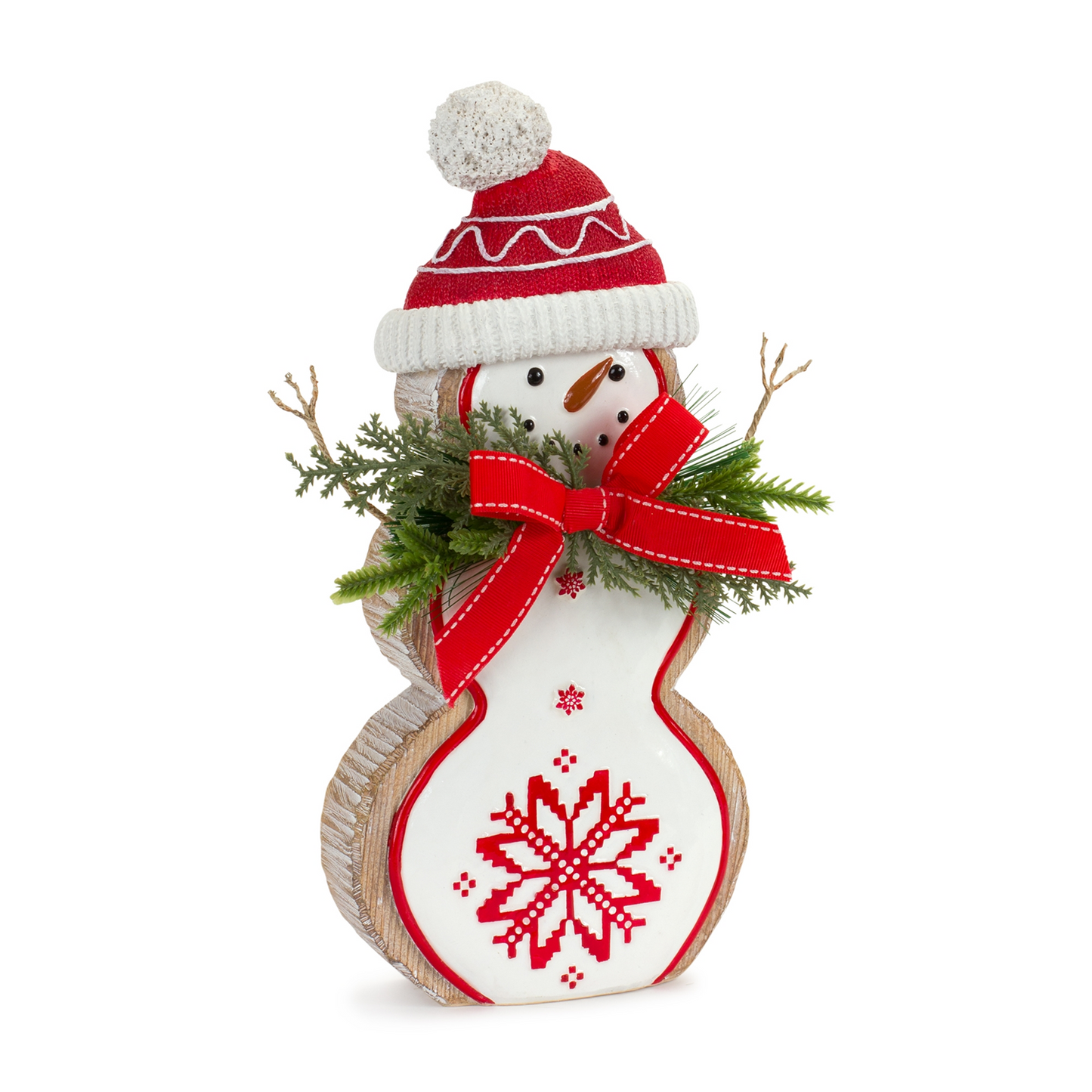 Nordic Snowflake Snowman Figurine with Pine Bow Accent (Set of 2) -Ship Only