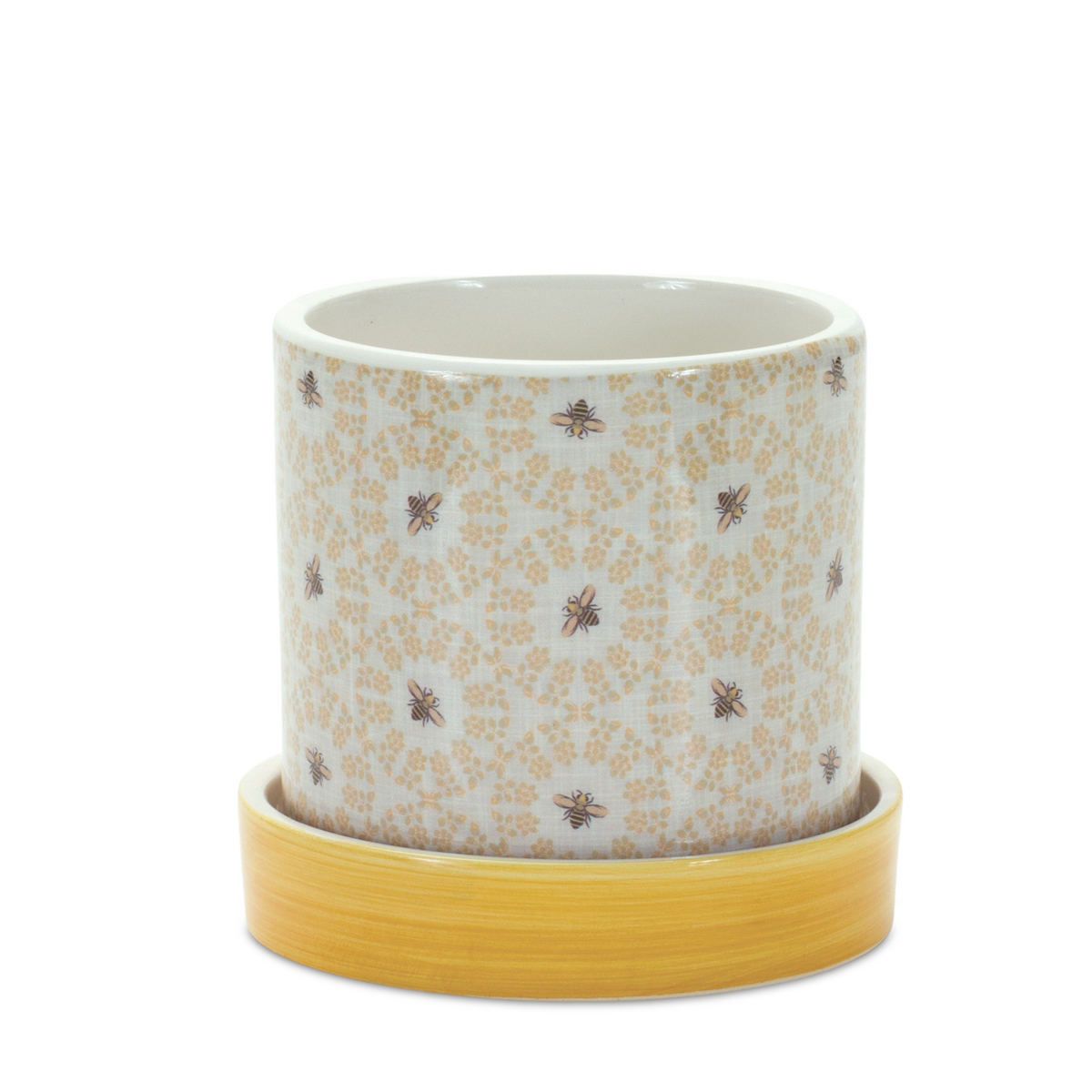 Stone Bumble Bee Striped Planter with Plate (Set of 2) -Ship Only