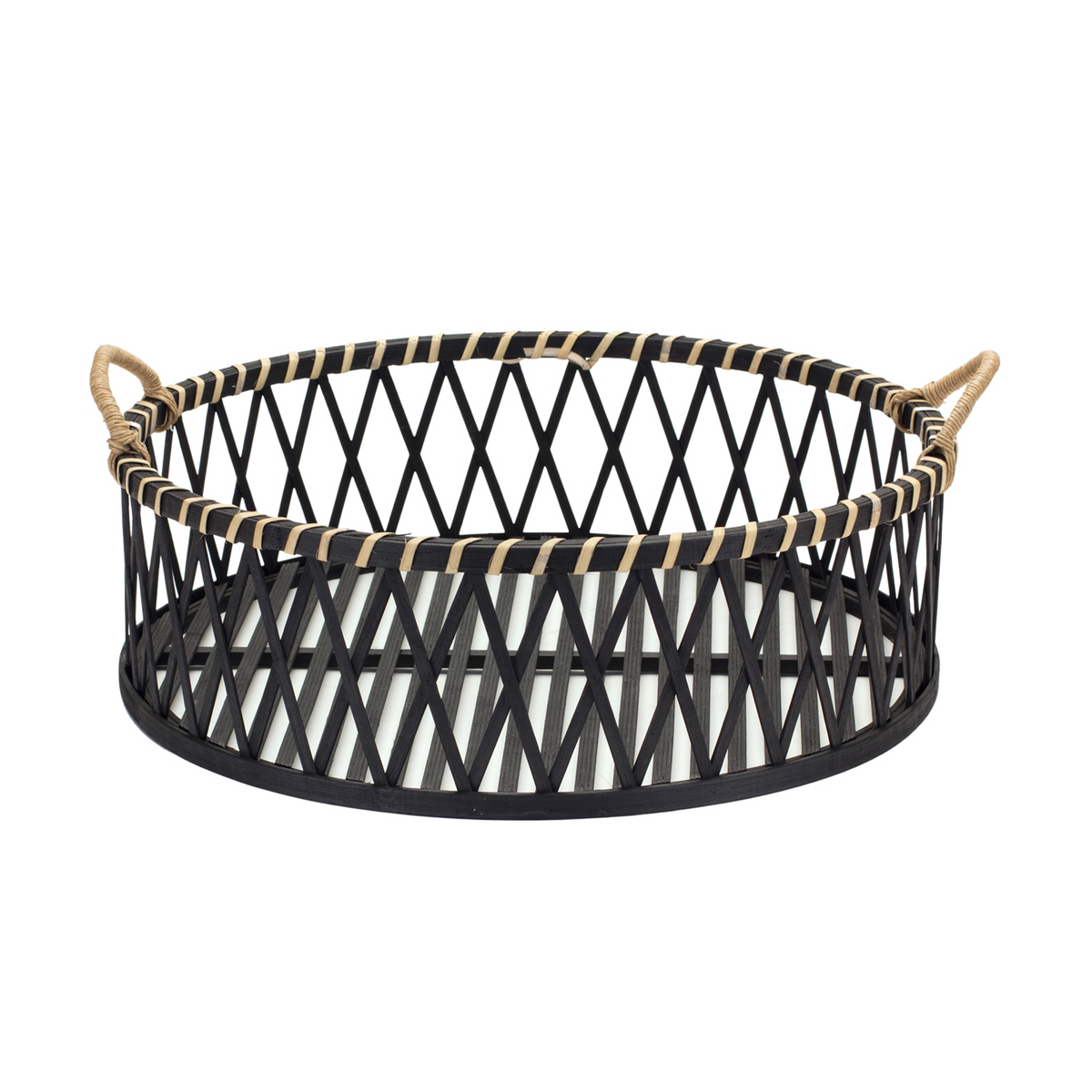 Round Woven Bamboo Trays with Rattan Handle Accent (Set of 2) -Ship Only