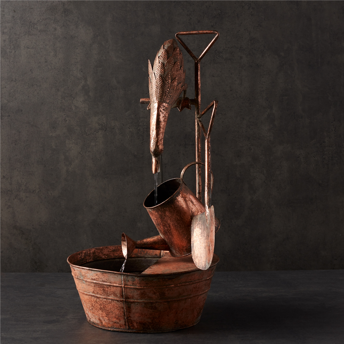 Rustic Metal Fountain with Duck and Watering Can 33"H -Ship Only