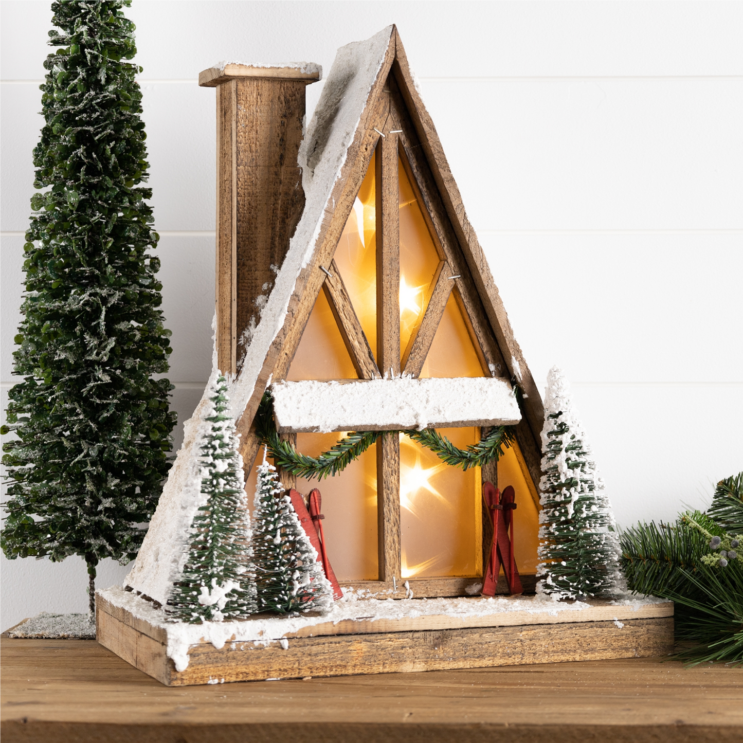 Vintage A-Frame Ski Lodge Lighted Display 16.5"H -Ship Only