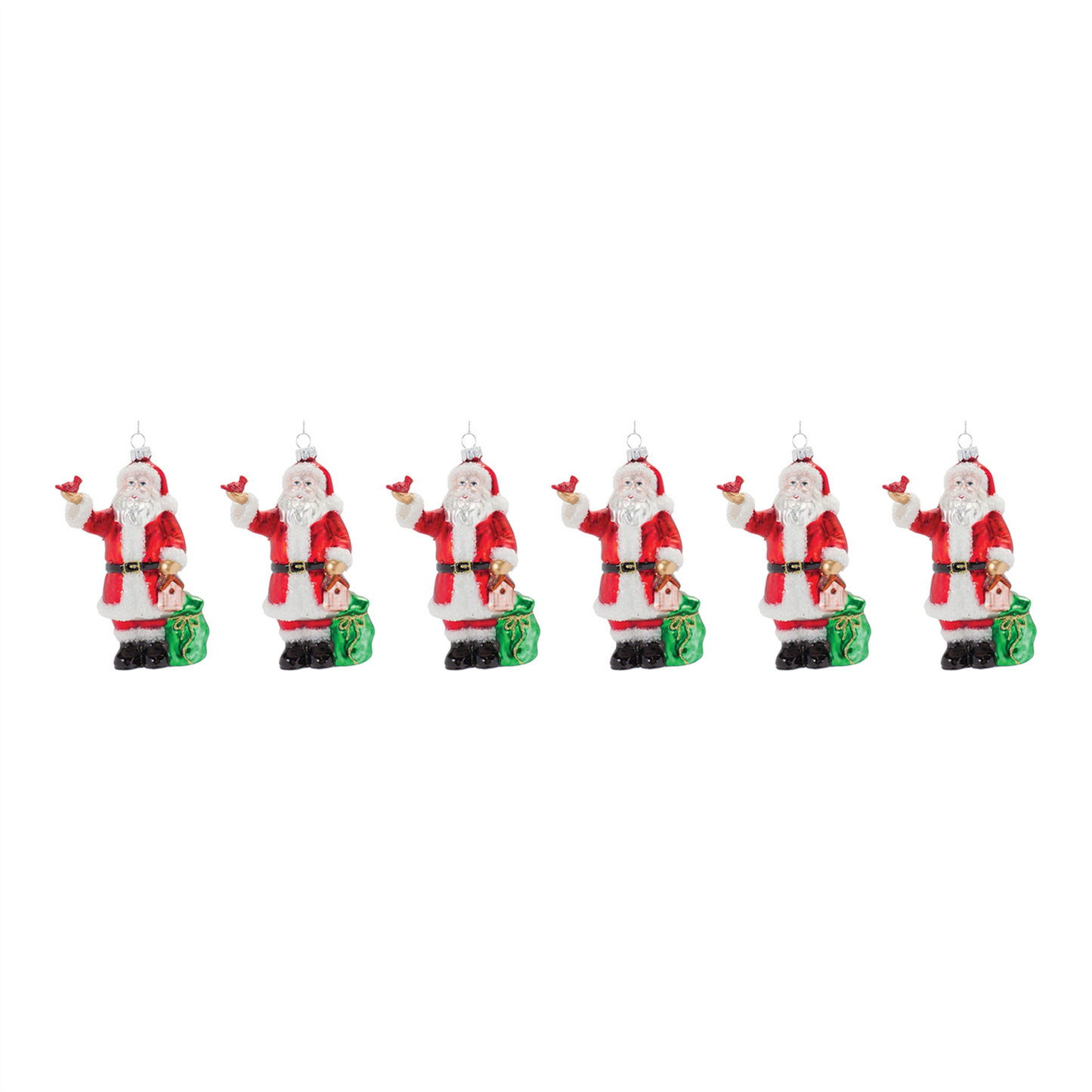 Glass Santa with Cardinal Bird Ornament (Set of 6) -Ship Only