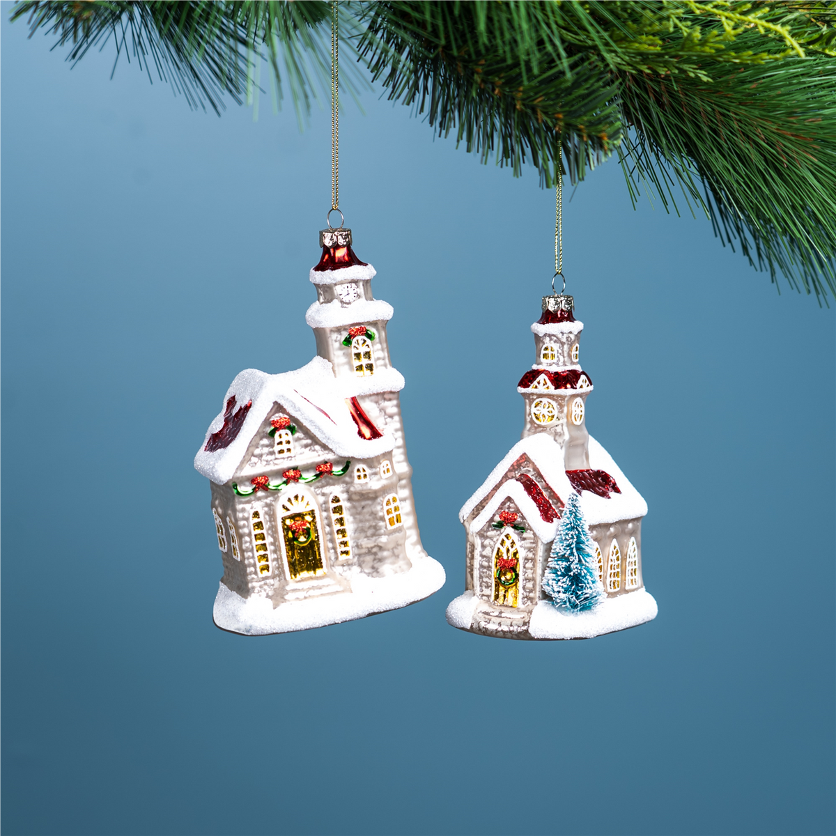 Church Ornament (Set of 6) 5.75"H, 6.25"H Glass -Ship Only