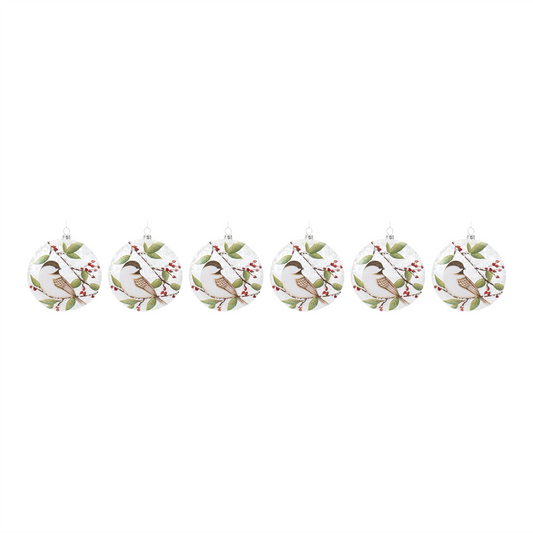 Chickadee Disc Ornament (Set of 6) 5”H Glass -Ship Only