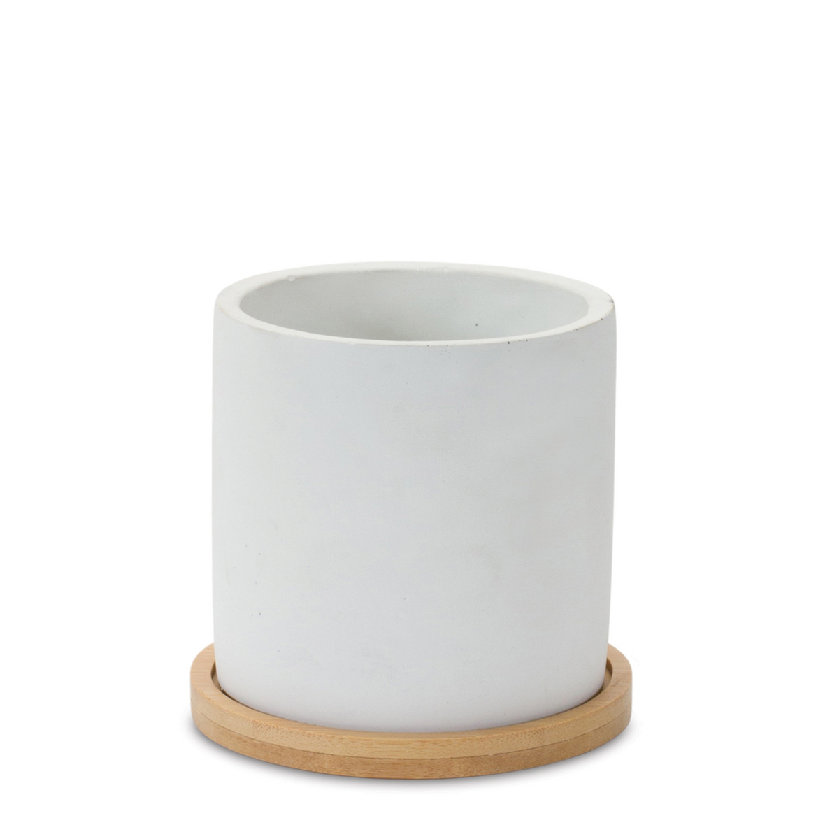 White Stone Planter with Wood Plate (Set of 2) -Ship Only