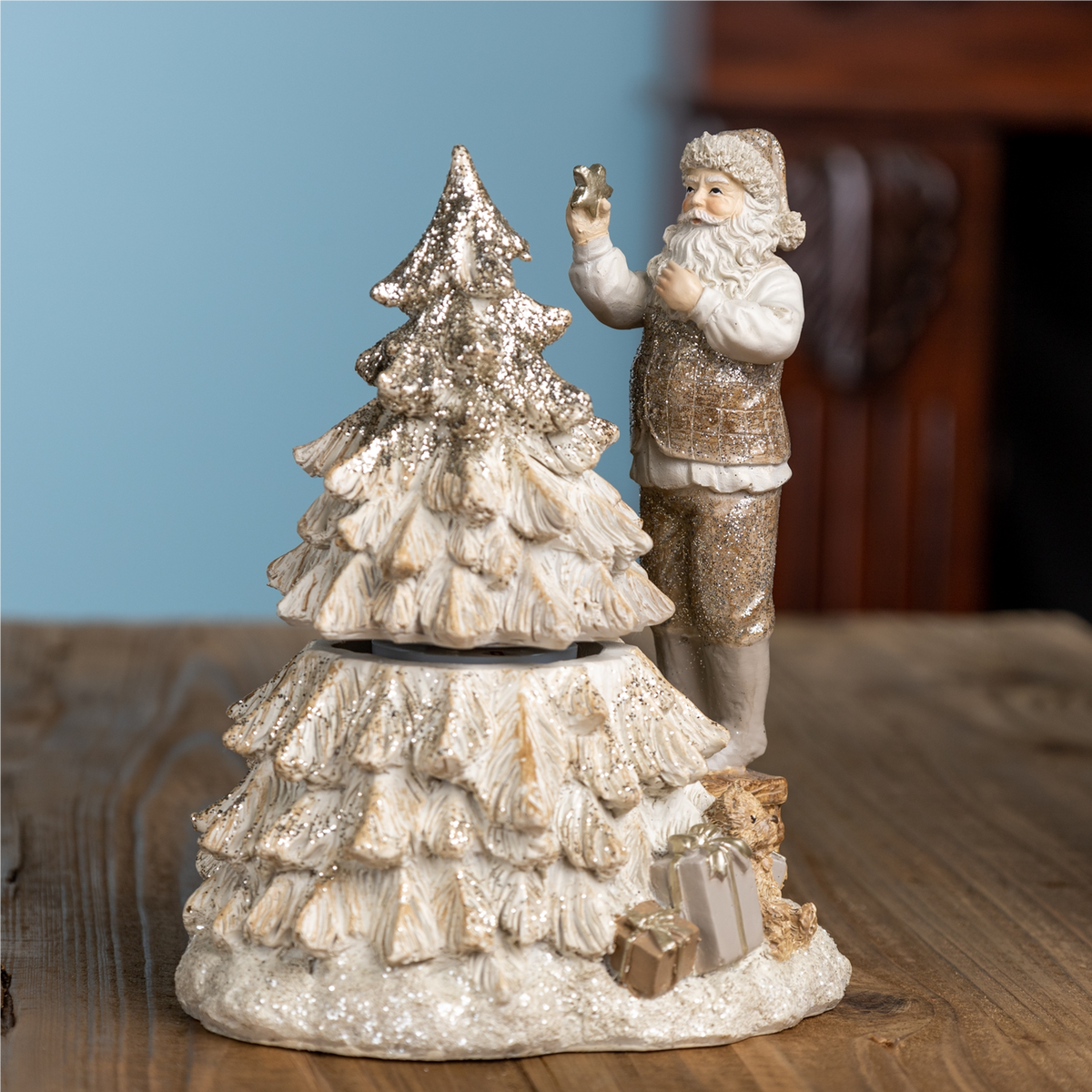 Santa w/Tree (Set of 2) 7”H Resin 3 AAA Batteries, Not Included -Ship Only