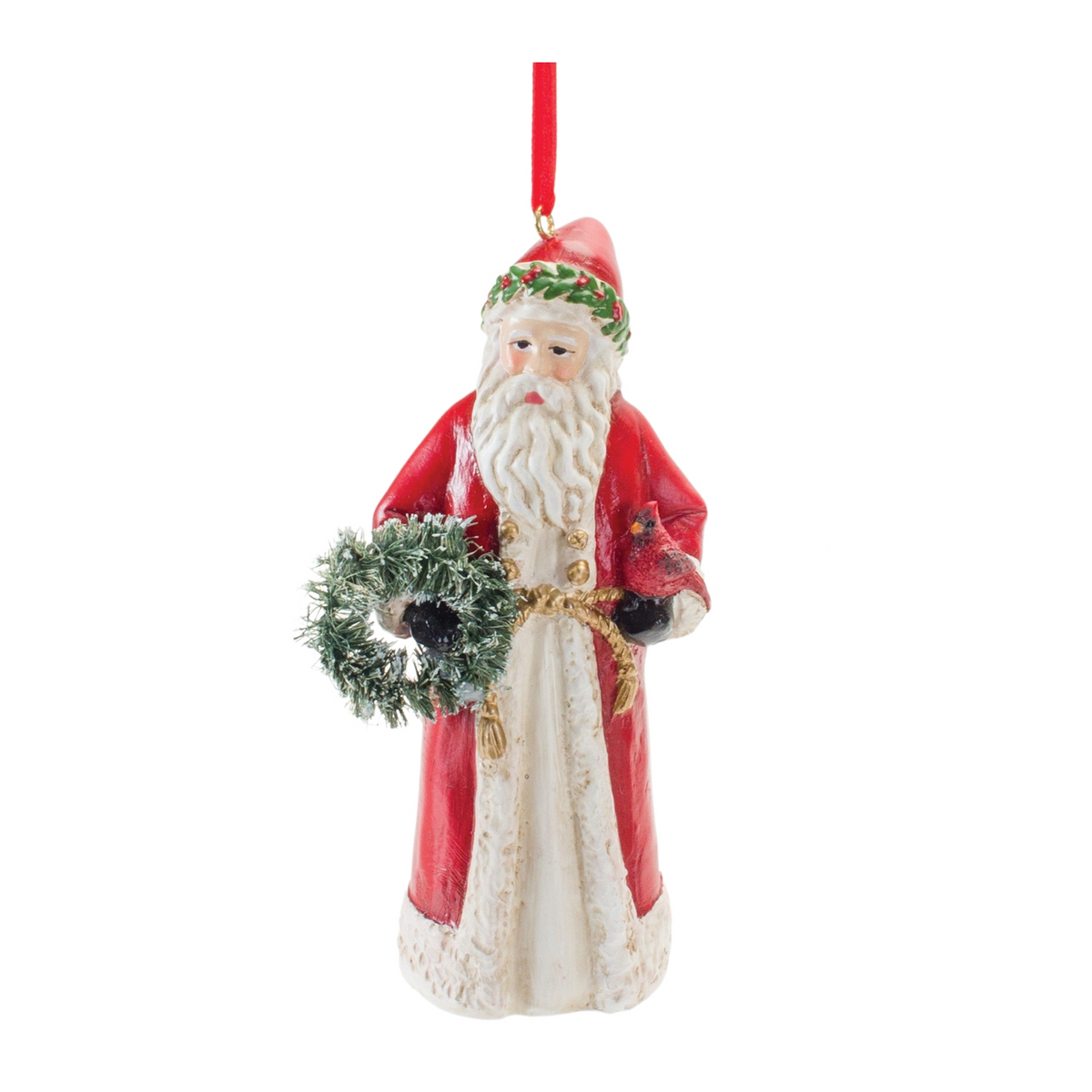 Santa w/Cardinal Ornament (Set of 6) 4.5”H Resin -Ship Only